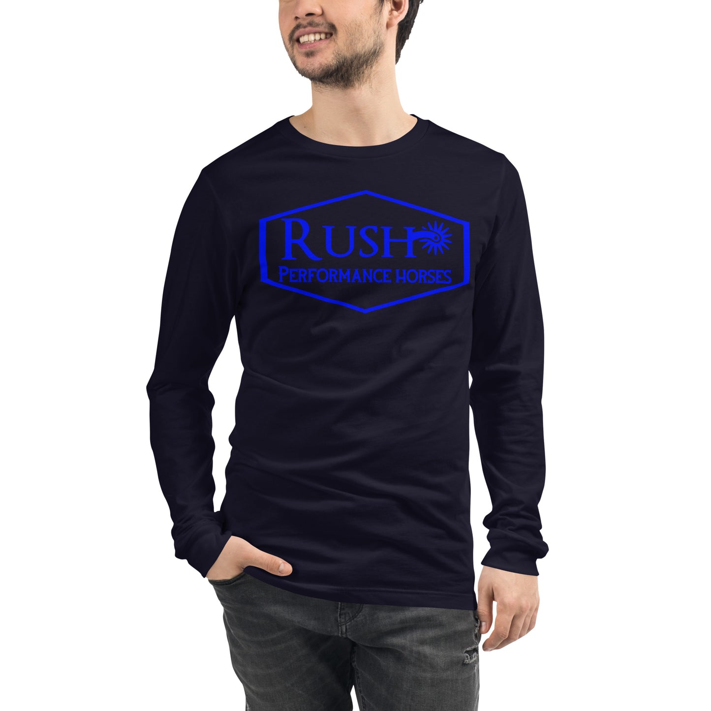 Bella Canvas Unisex Long Sleeve Tee Blue Logo - Rush Performance Horses